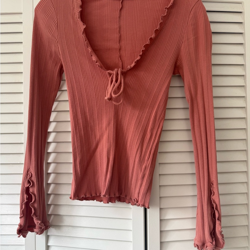 Free People Ruffled Ribbed Top - Dusty Rose